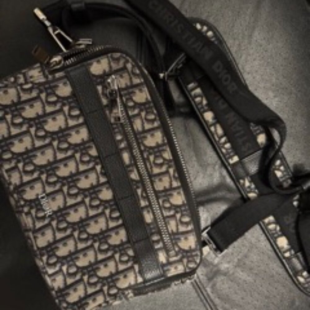 Dior Zipped Pouch with Strap Oblique Jacquard Beige and Black